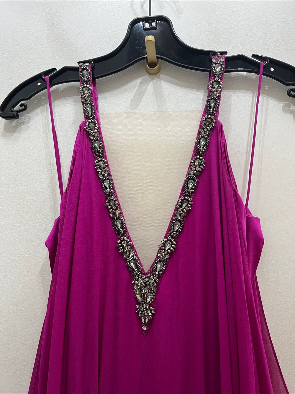 Theia Fuchsia Beaded V-Neck Maxi Gown - Picture 7 of 12
